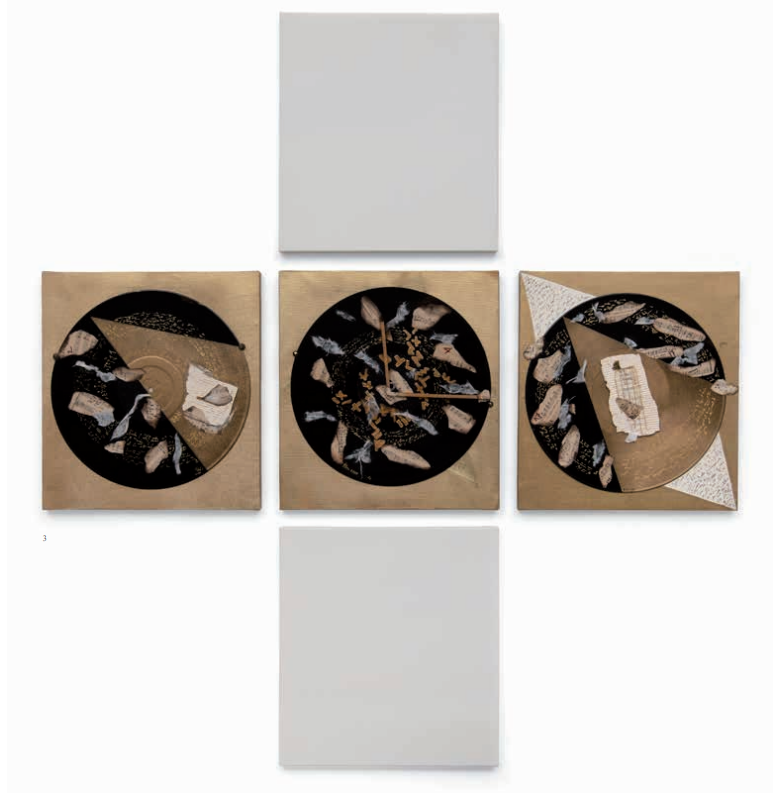 'Frammenti di Fughe n.2- n.4-n.17'. Collage on vinyl disc of writings on canvas. each 36x33cm, 2020