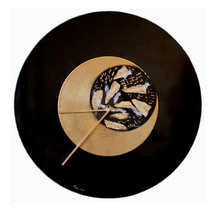 'Fughe FFF'. Vinyl collage with writings. diameter 57cm, 2021